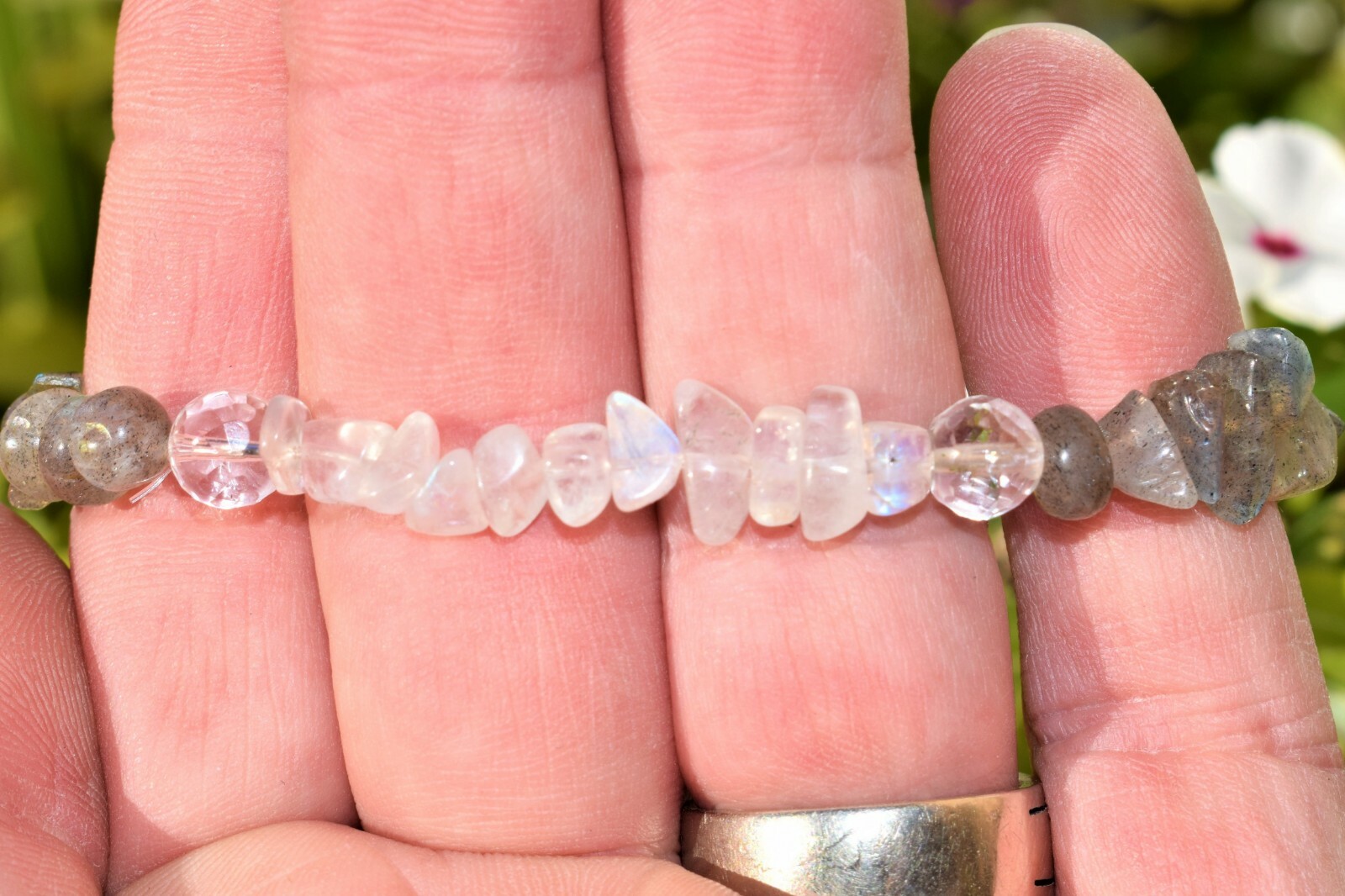 CHARGED Moonstone Labradorite Crystal Stretchy Bracelet w / Quartz REIKI Energy!