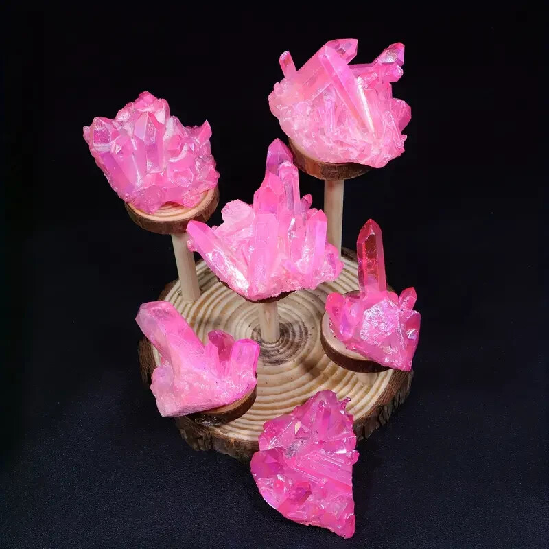 Aura Angel Pink Cluster Titanium Geode Quartz Healing Crystal Mineral Ornament
