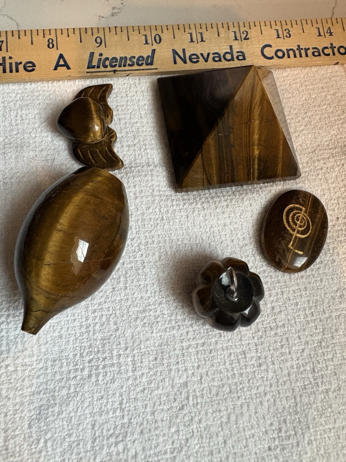 Lot 12 Tiger Iron Eye Items 3”skull , Snake Palm Stone Sphere Egg Chip Bag Flash