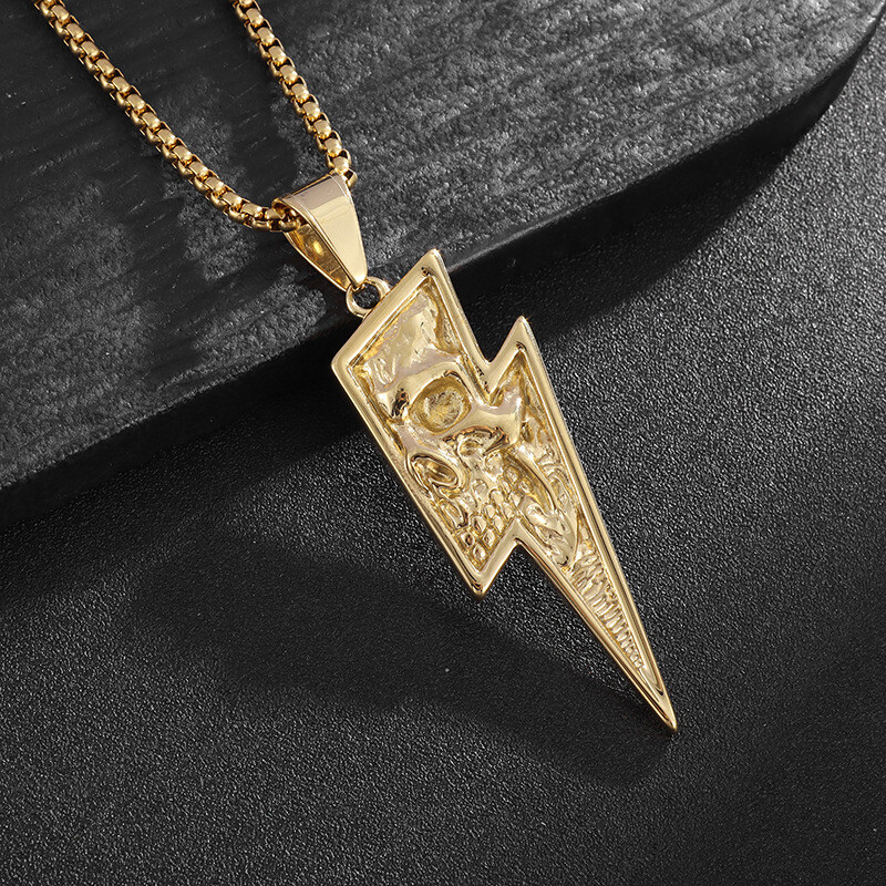 Men’s Fashion Jewelry Silver & Gold Skull Lightning Bolt Pendant Necklace