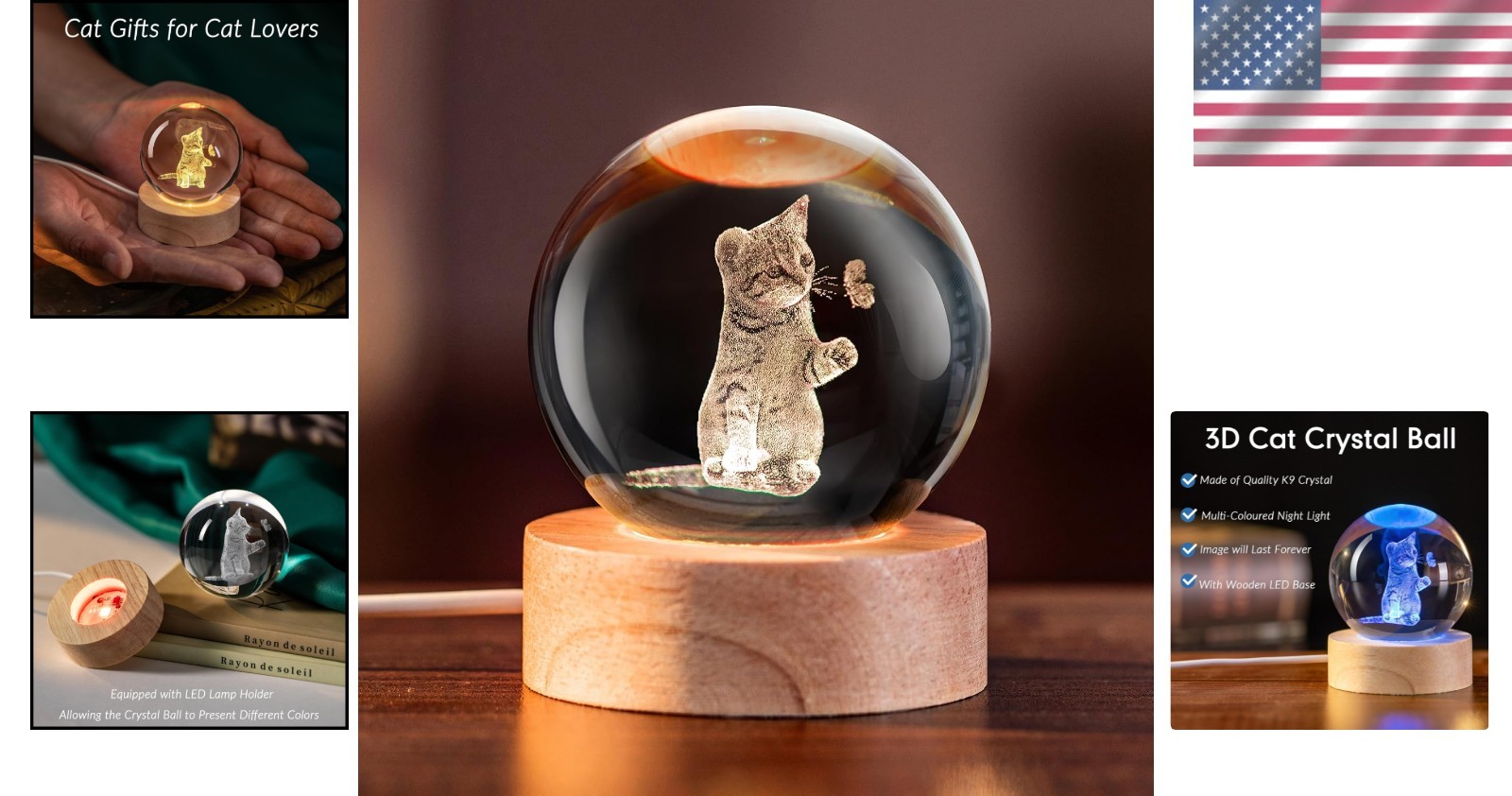 Engraved Cat Image in Crystal – USB Powered Night Light