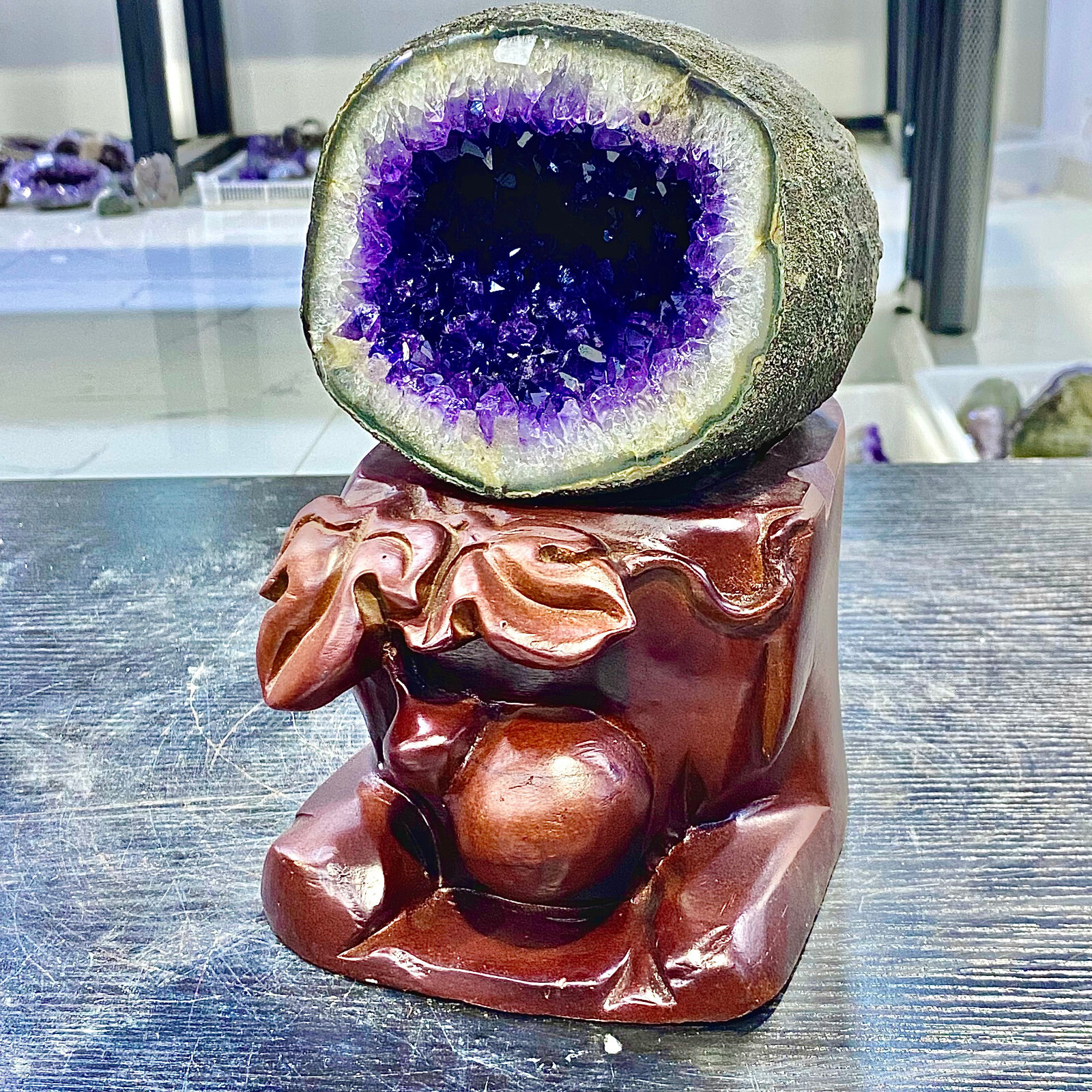 6.09LB Uruguay Natural Amethyst Money Bag Cave Decoration+Bracket