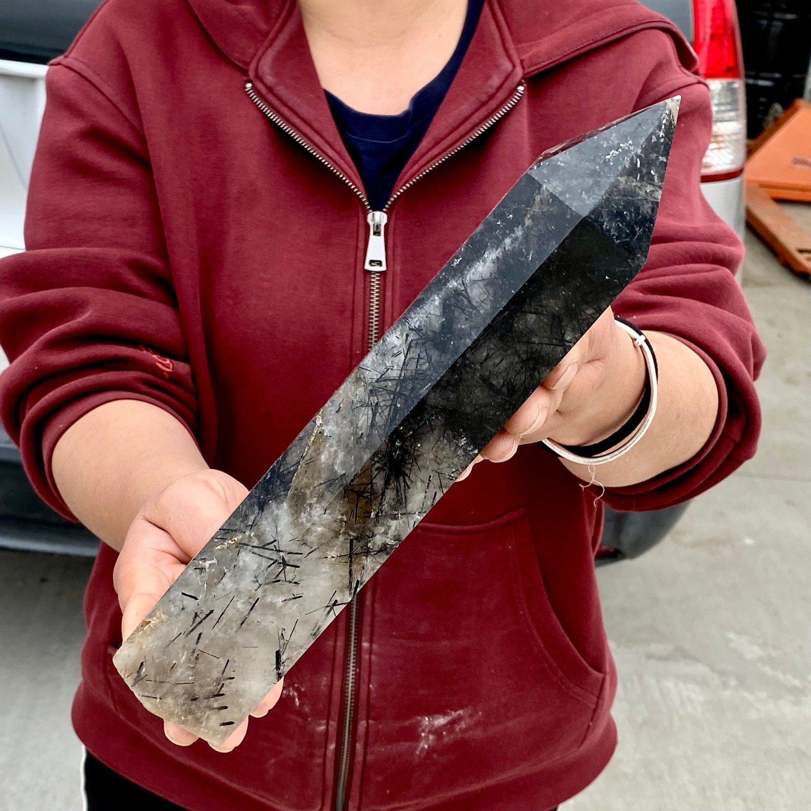 3.4LB Natural Black Hair Quartz Obelisk Crystal Energy Point Wand Reiki Decor