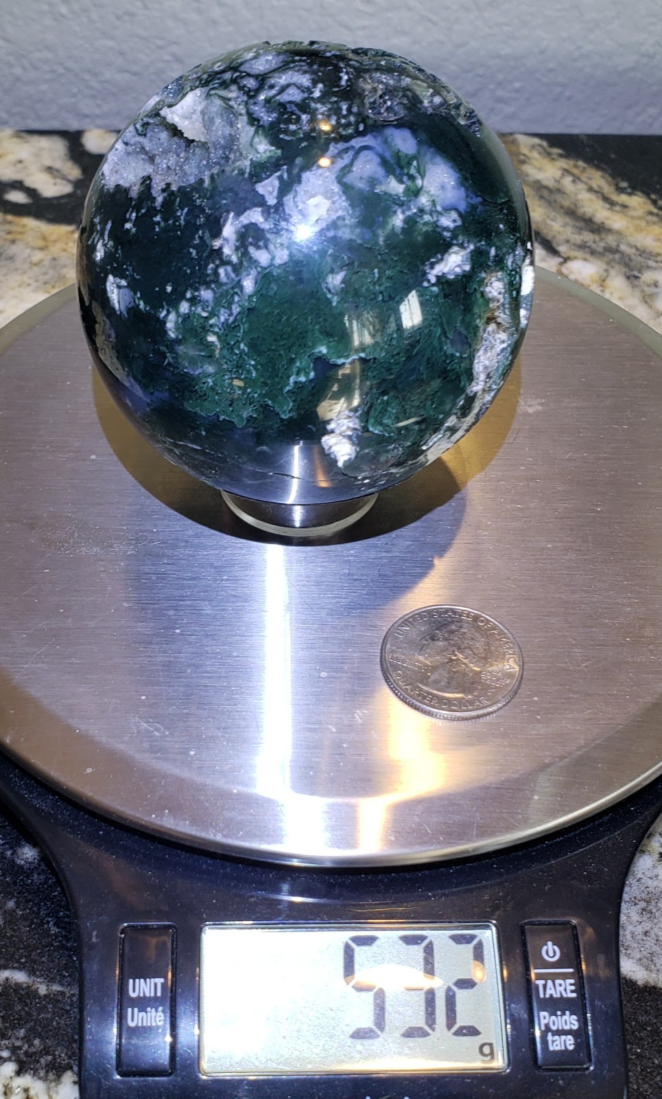 3″ Green Moss Agate Quartz Crystal Mineral Semi-Polished Sphere Ball Orb UV,532g