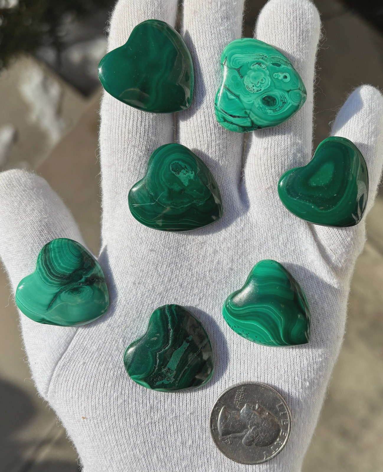 USA SALE 67g LOT 7 MALACHITE POLISHED SMALL HEARTS HEART POCKET PALMSTONE PALM