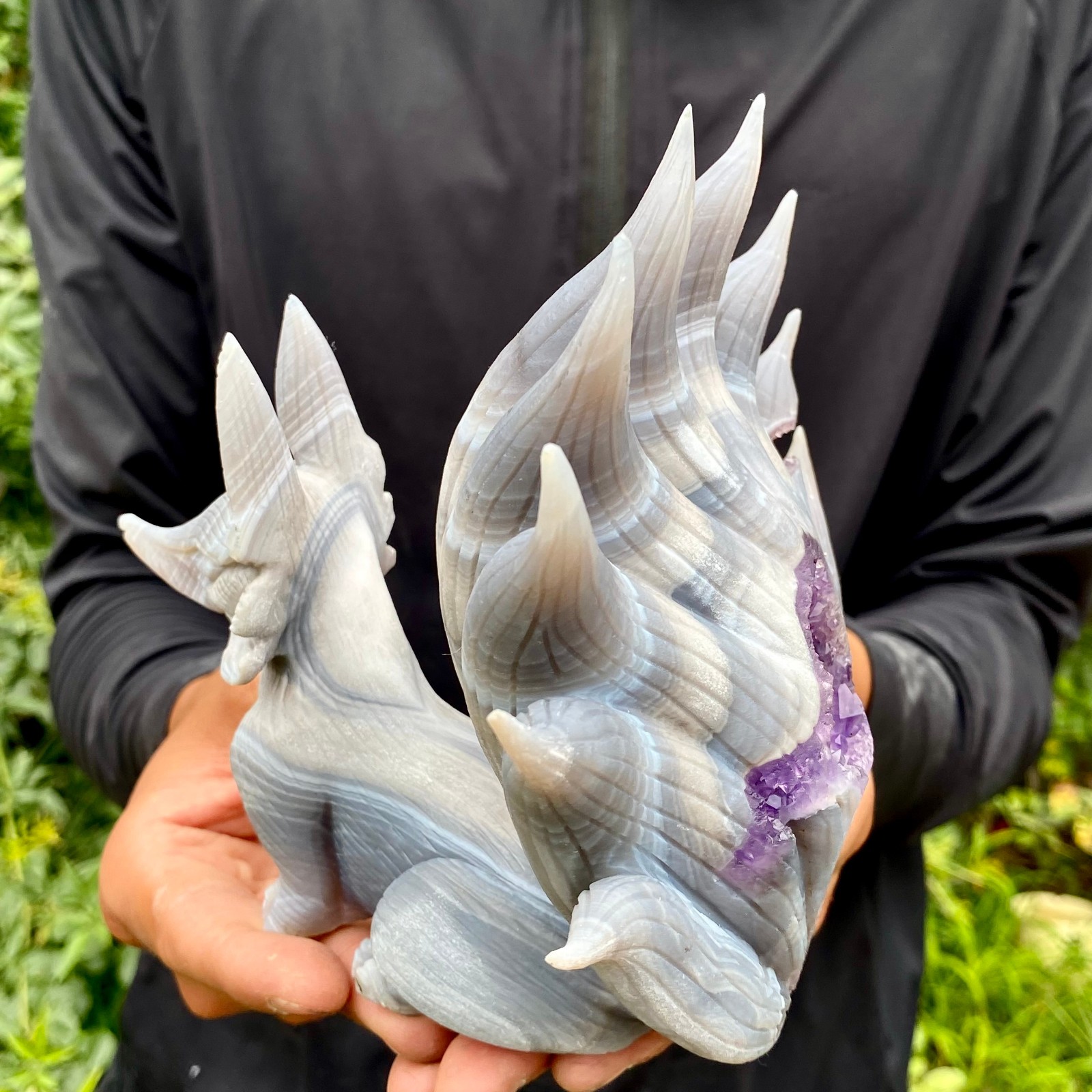 2.2LB Natural Amethyst Geode Hand Carved Nine-tailed Fox Quartz Crystal Decor