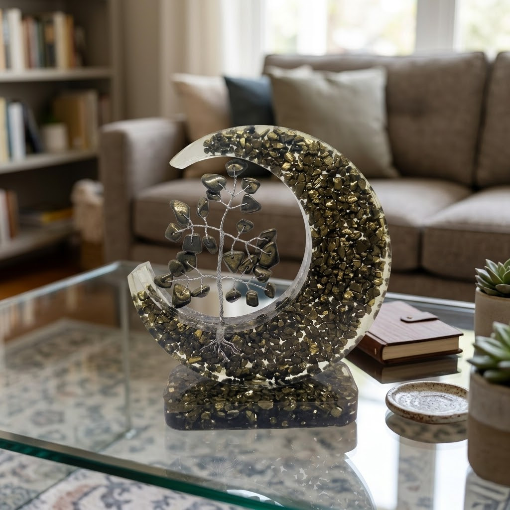 Handcrafted Pyrite Crystal Tree, Wealth and Abundance Decor, Crescent Moon Gems