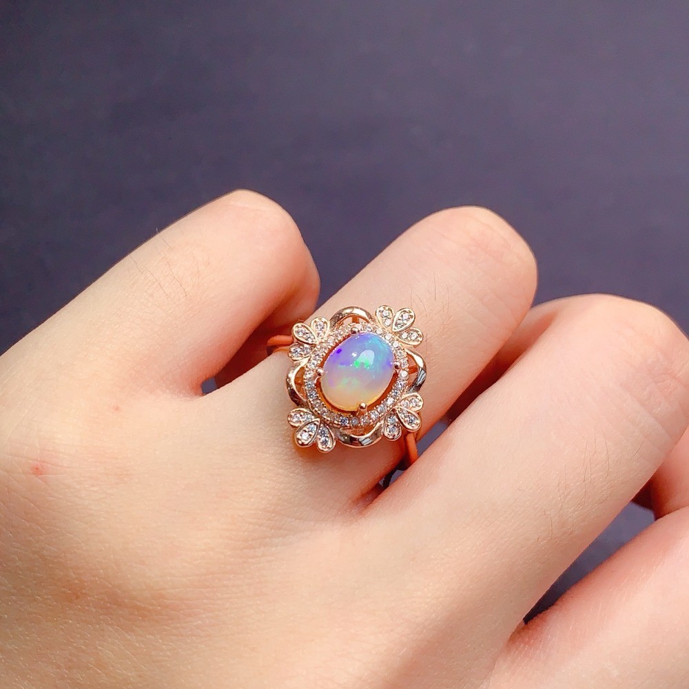 Natural Opal vintage open Adjustable ring Gemstone S925 Silver Plated18K Gold