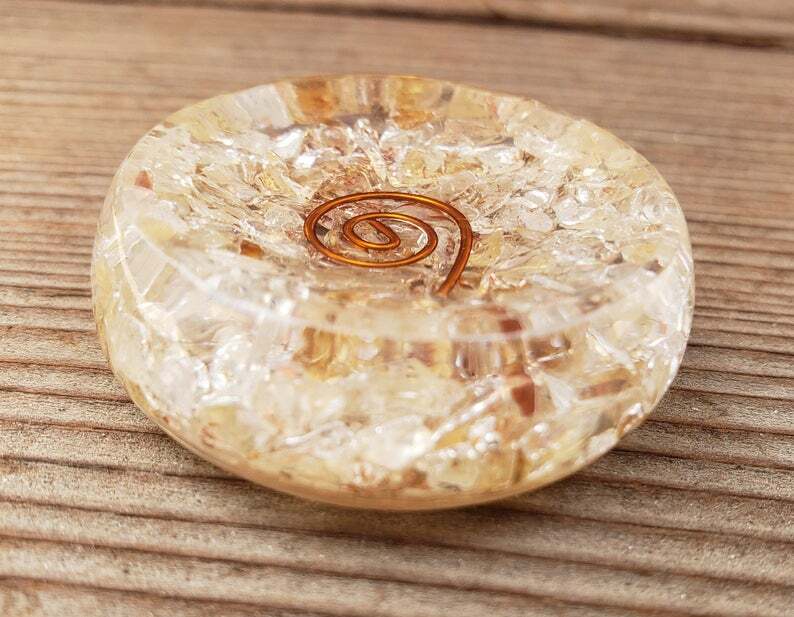 ORGONE CITRINE GEMSTONE SPHERE STAND AND WORRY STONE ORGONITE