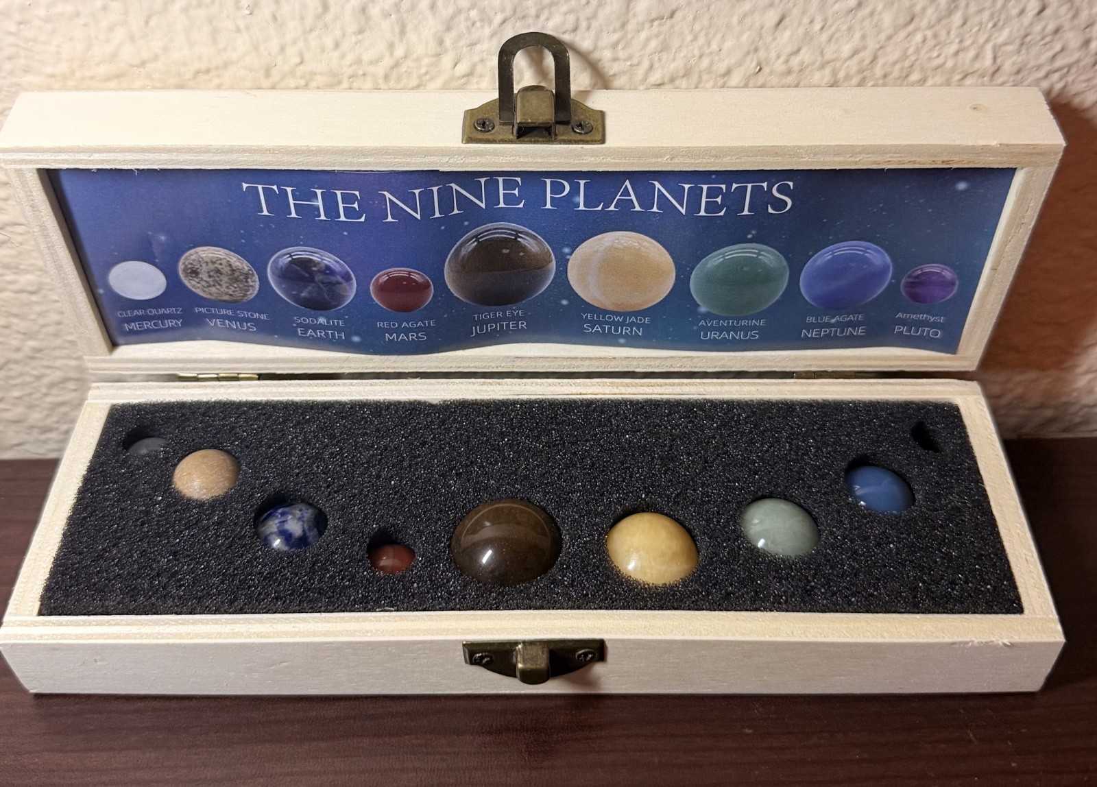Solar System Crystal Planets 9pc Gemstone Spheres Wood Box Set Healing Gift