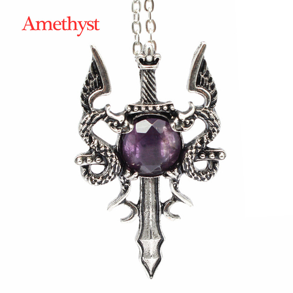 Crystal Double Dragon Sword Wing Necklace Pendant & Chain Amulet Gifts Viking
