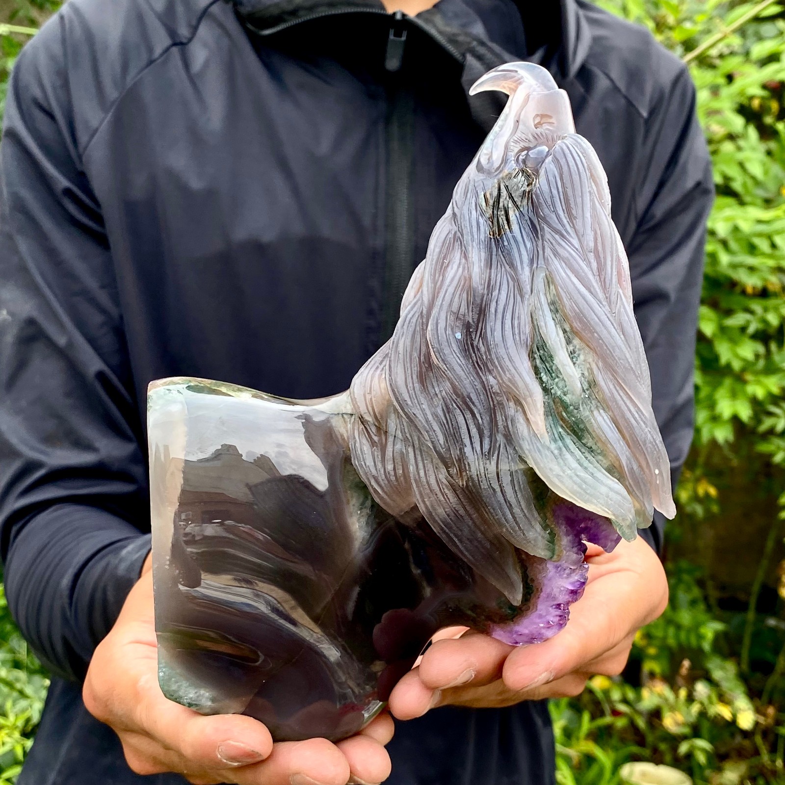 2.2LB Natural Banded Agate Geode Eagle Head Hand Carved Stone Ornament for Coll