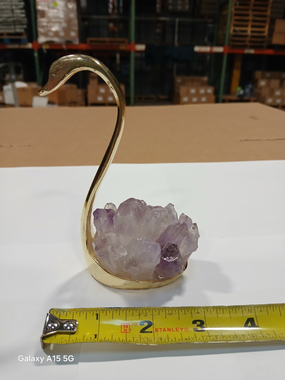 Natural Amethyst Crystal Cluster Gold-toned Zinc-alloy Swan Decor…