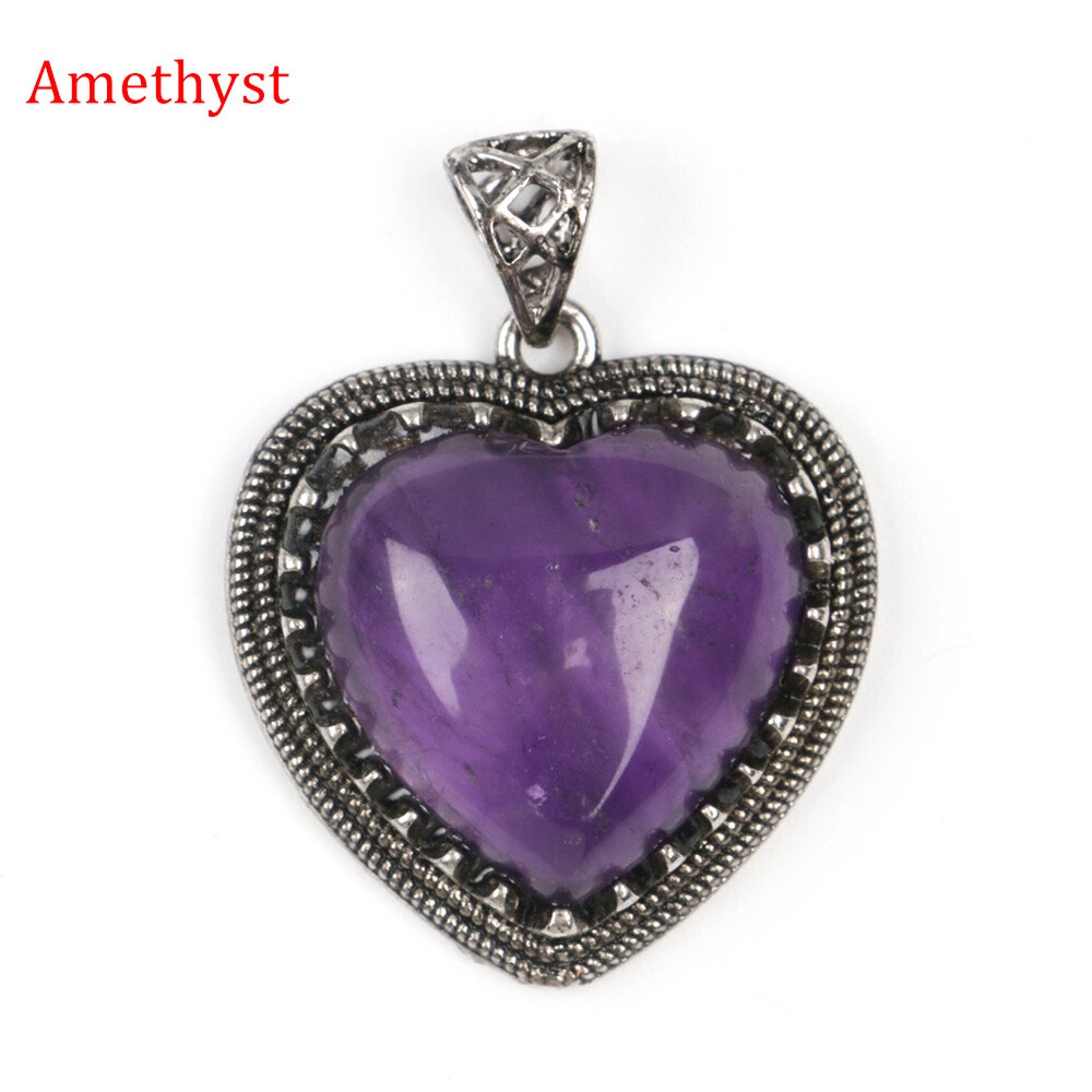 Natural Chakra Crystal Heart Pendants Quartz Gemstone Bead Reiki Healing Amulet