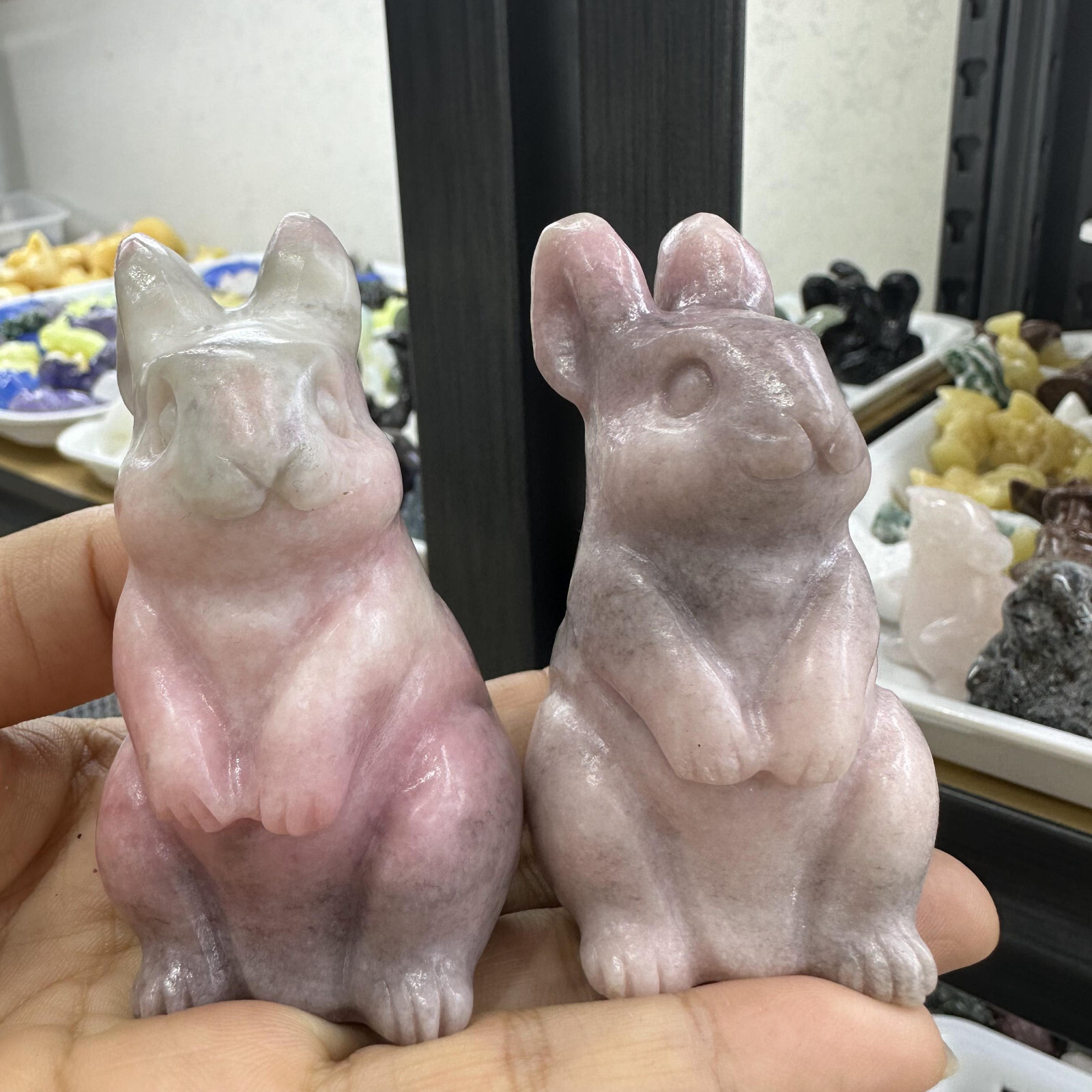 1pc natural Pink opal quartz crystal handmade rabbit skull healing gift decor