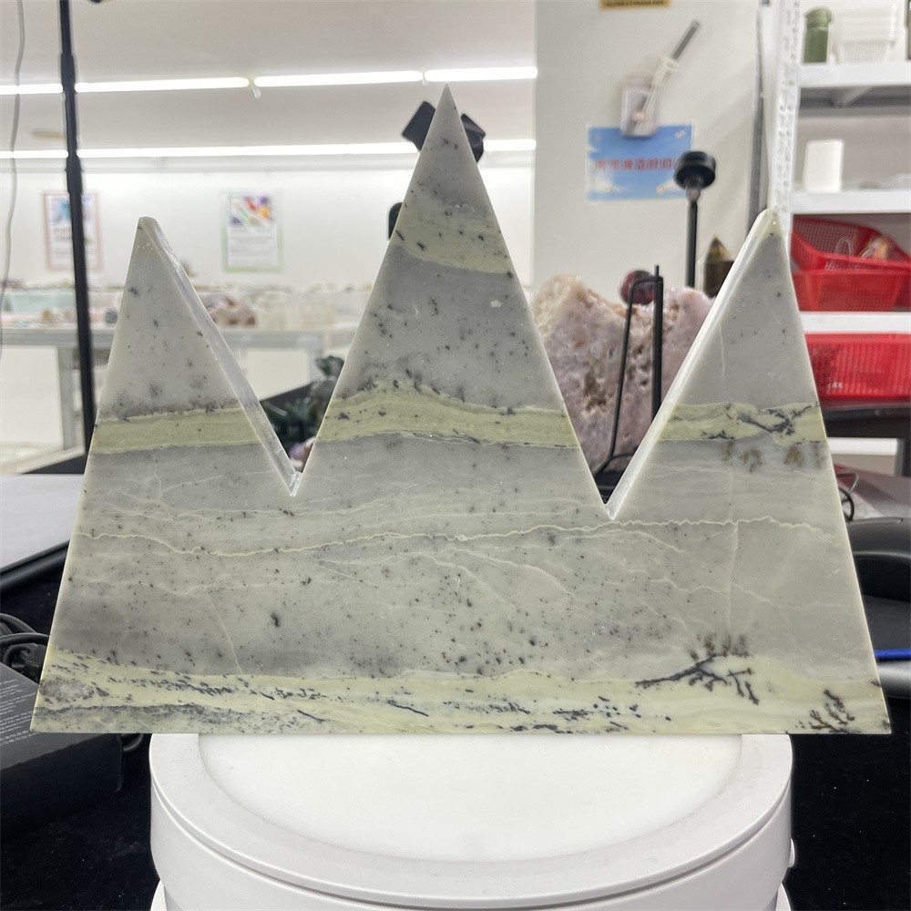 2.9LB 9.6″ Natural Dendritic Jade Triangle Mountain Decor Crystal Quartz Energy