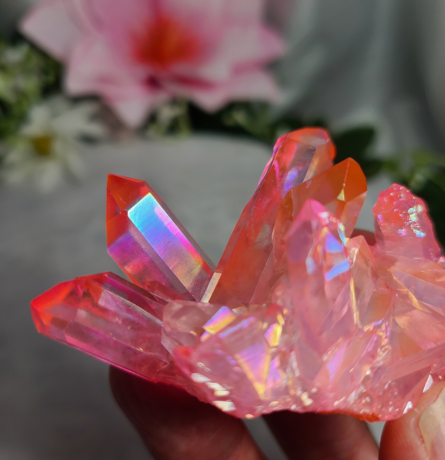 2.6″ 65g Beautiful Brazilian Pink Rainbow Aura Quartz Crystal Cluster Point
