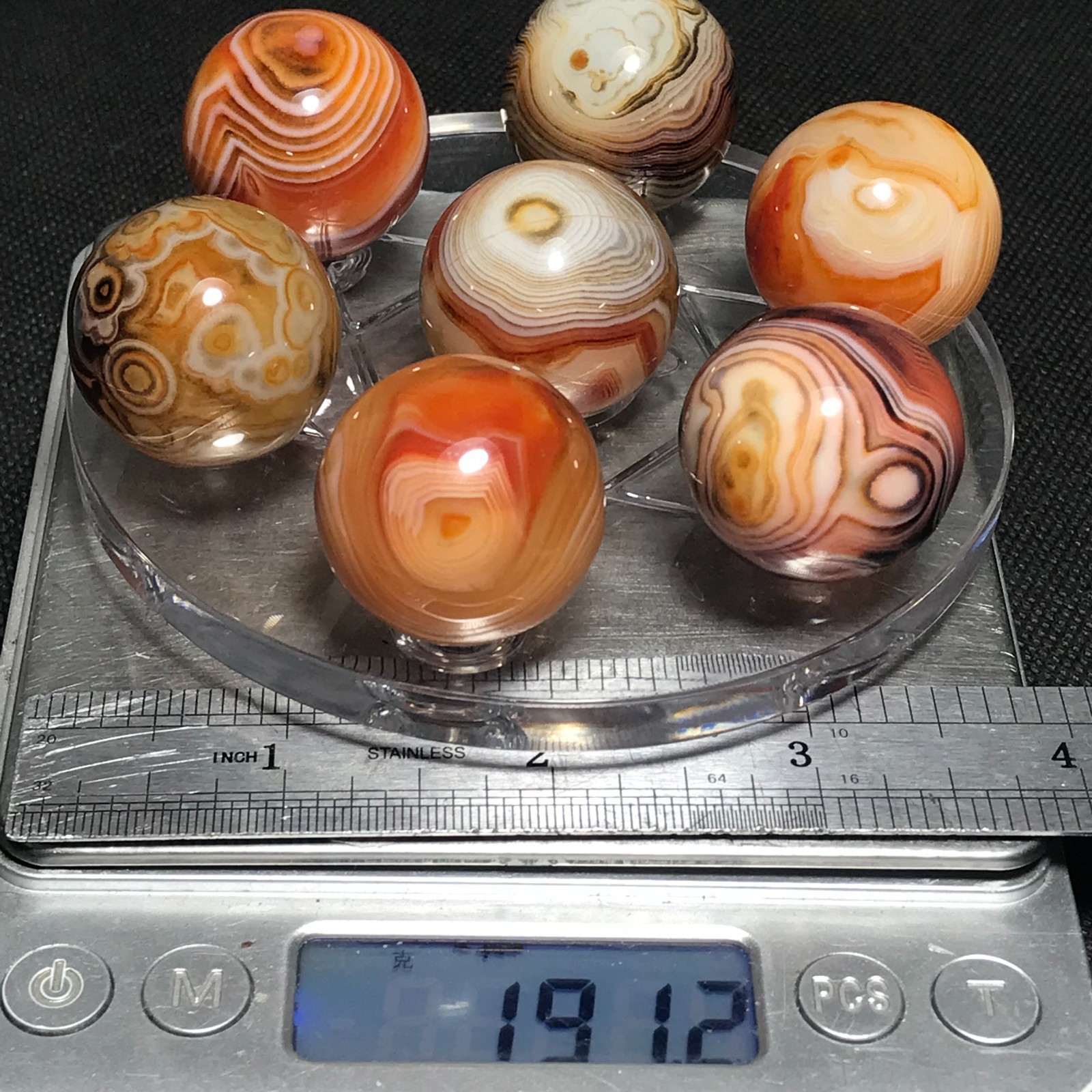191g 7pcs 26mm Polished Silk Banded Lace Agate Ball Madagascar+base 477