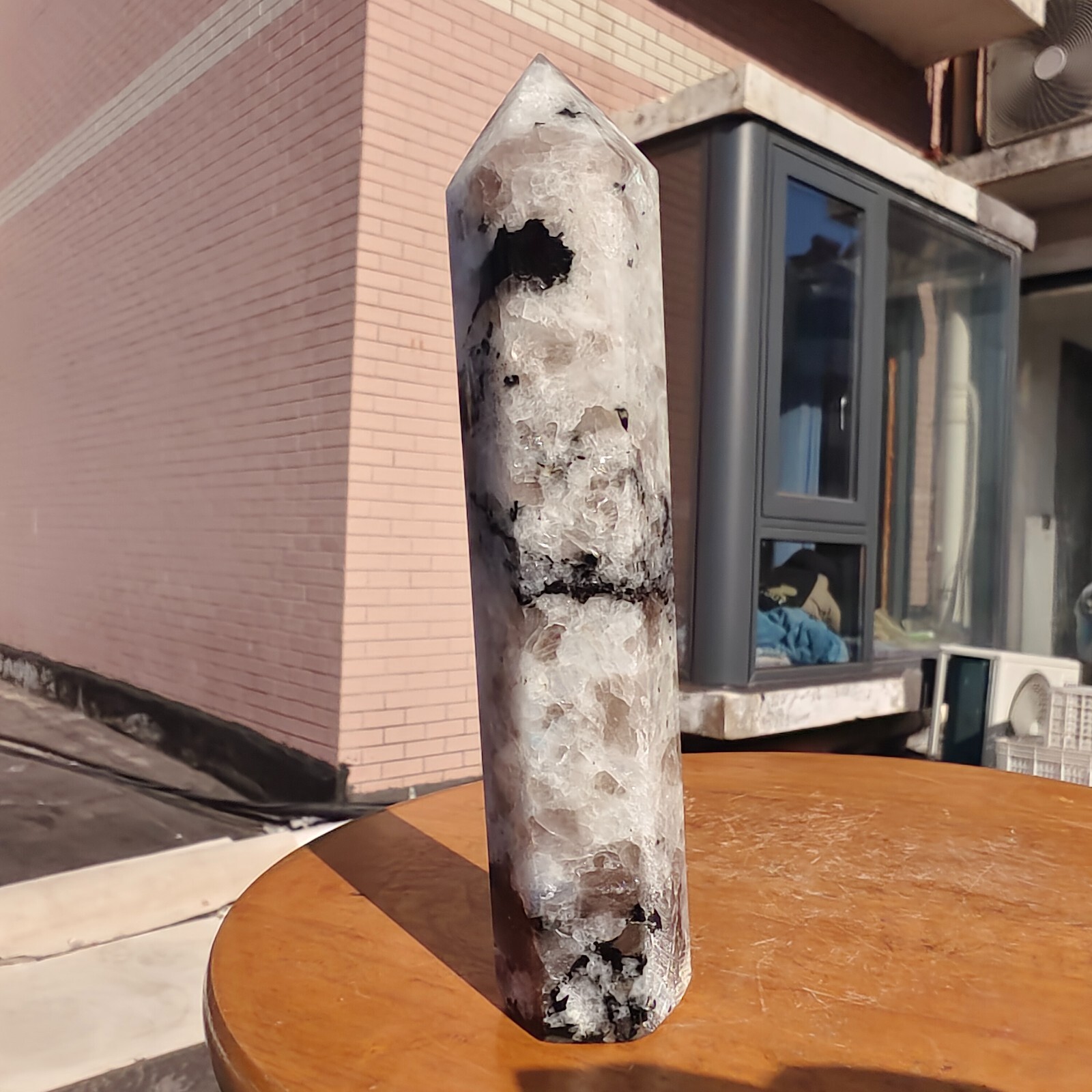 449g Large White Rainbow Moonstone Crystal Obelisk Tower Point Quartz Healing