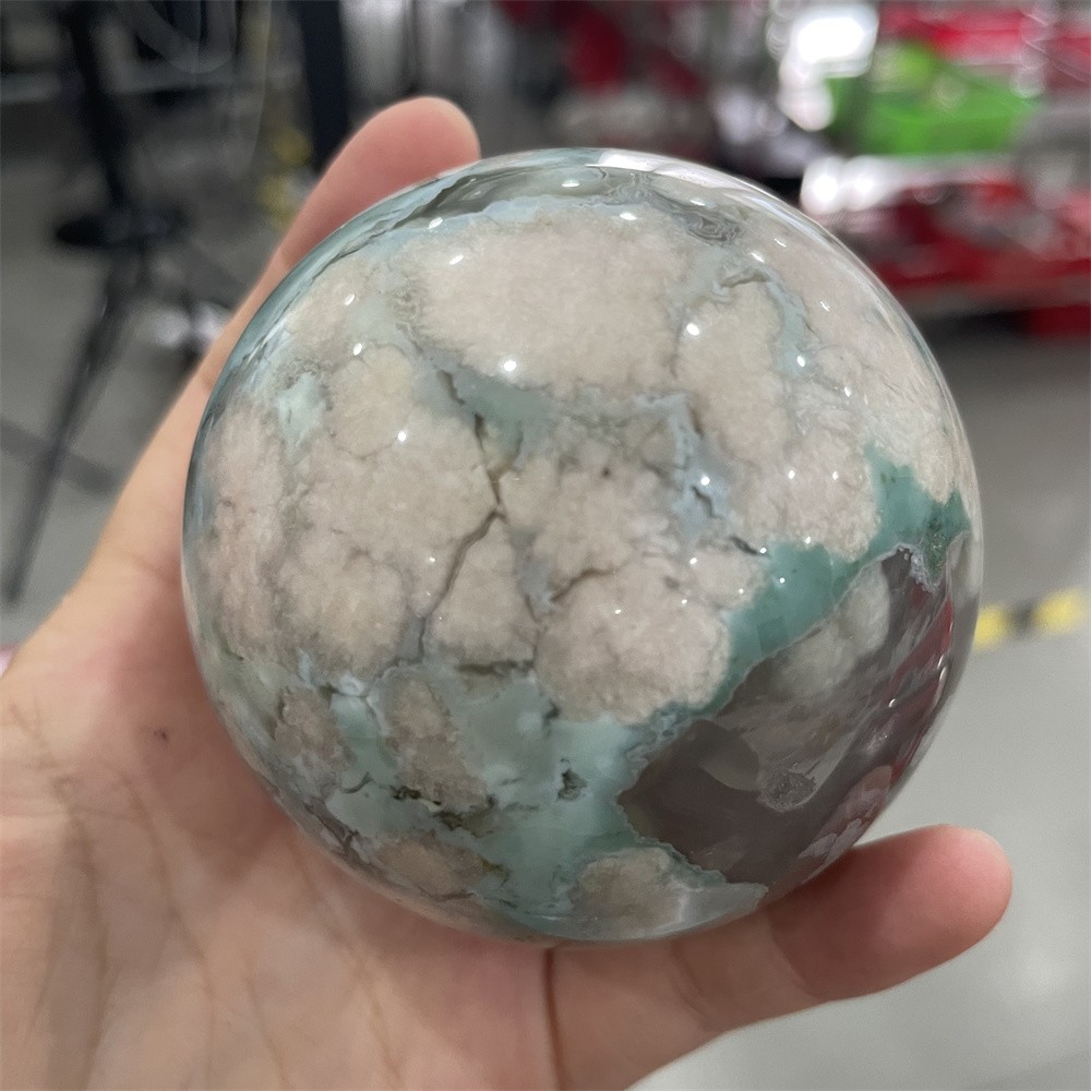 0.8LB 2.3″Hot Sale A+Natural Green Flower Agate Sphere Crystal Reiki Ball Decor
