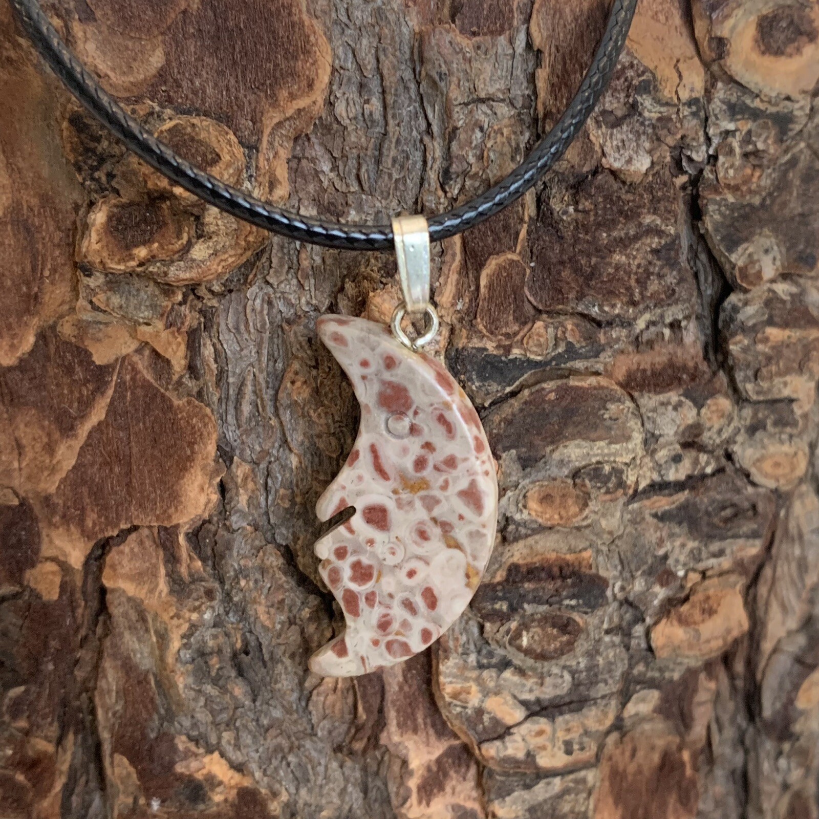 Fossil Stone Crescent Man in Moon Face Pendant Necklace Polished Half Moon 20″