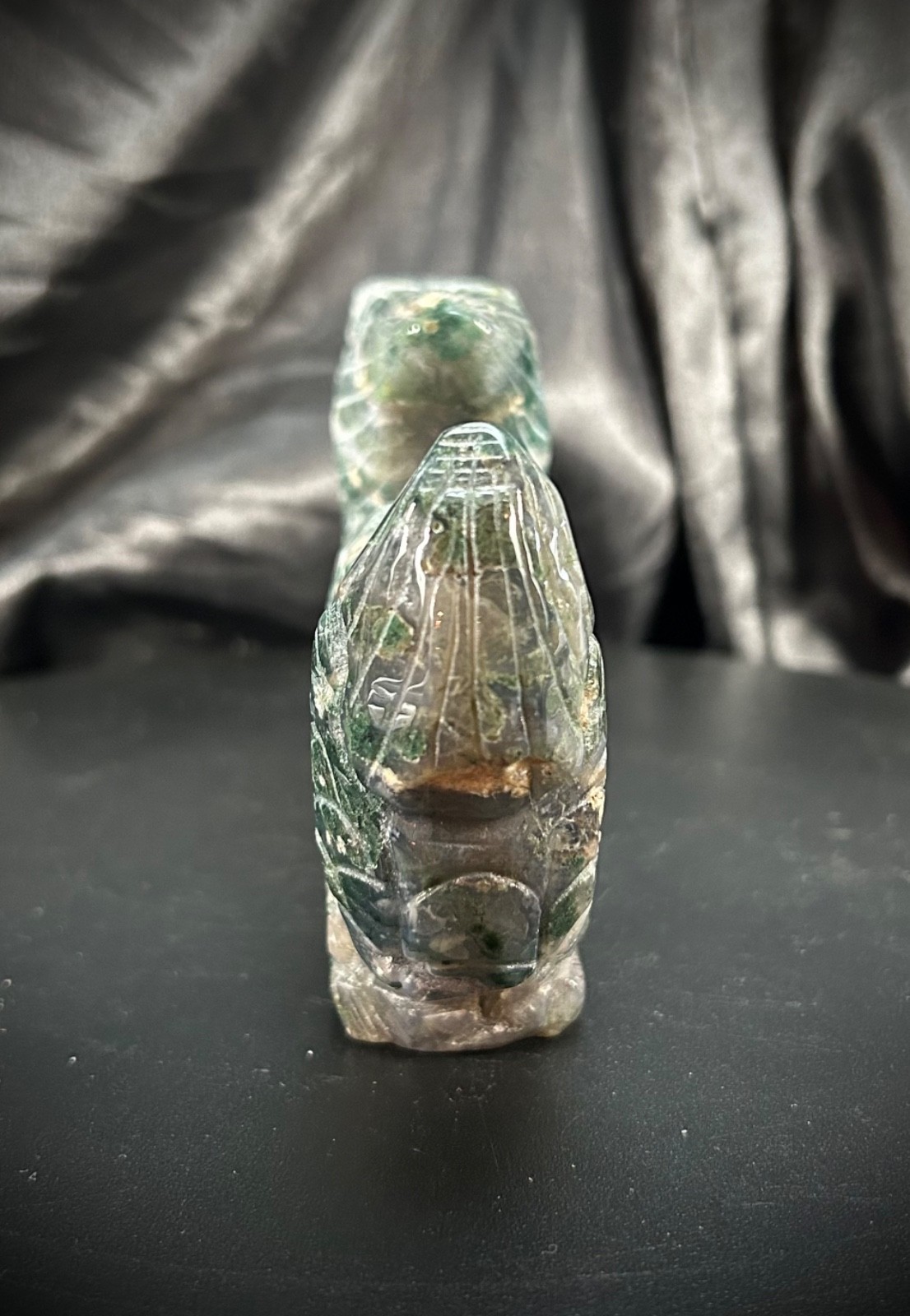 6.5″ Moss Agate Eastern Style Dragon Carving With Druzy All Over 1lb 10.7oz