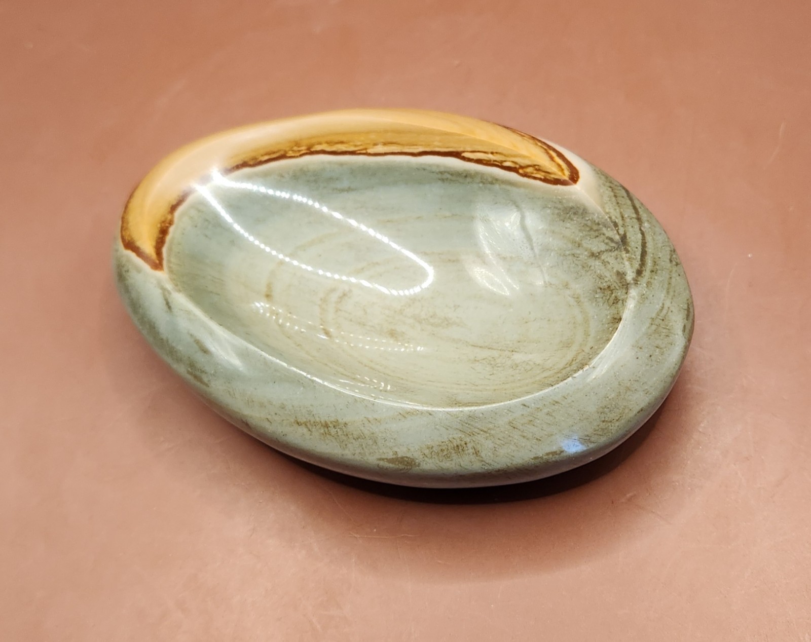 Matching Pair Polychrome Jasper Carved Dishes Teal Orange Madagascar Set
