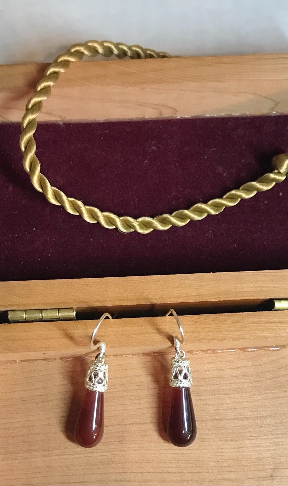 Faux Garnet Earrings Dangle from Silver Setting with Top Hook