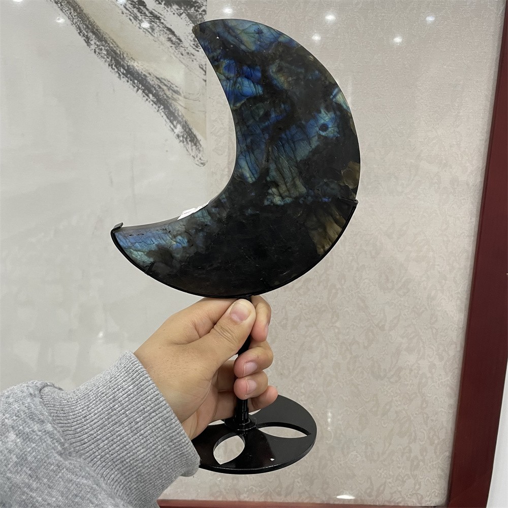 1.5LB 9.6″ Natural Labradorite Blue Moon Statue Crystal Reiki Carving Decor