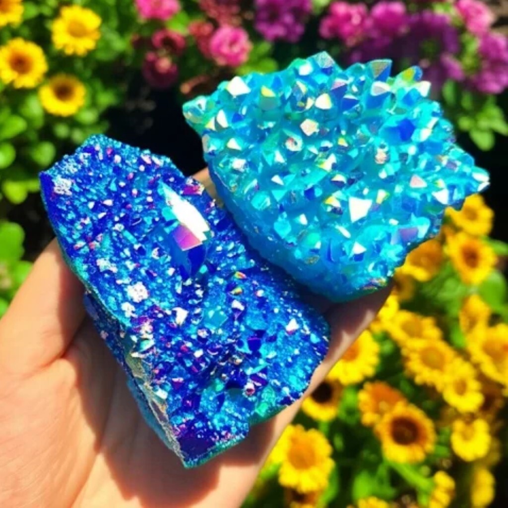 Titanium Aura Blue Quartz Crystal Cluster Geode Rainbow Healing Specimen Decor