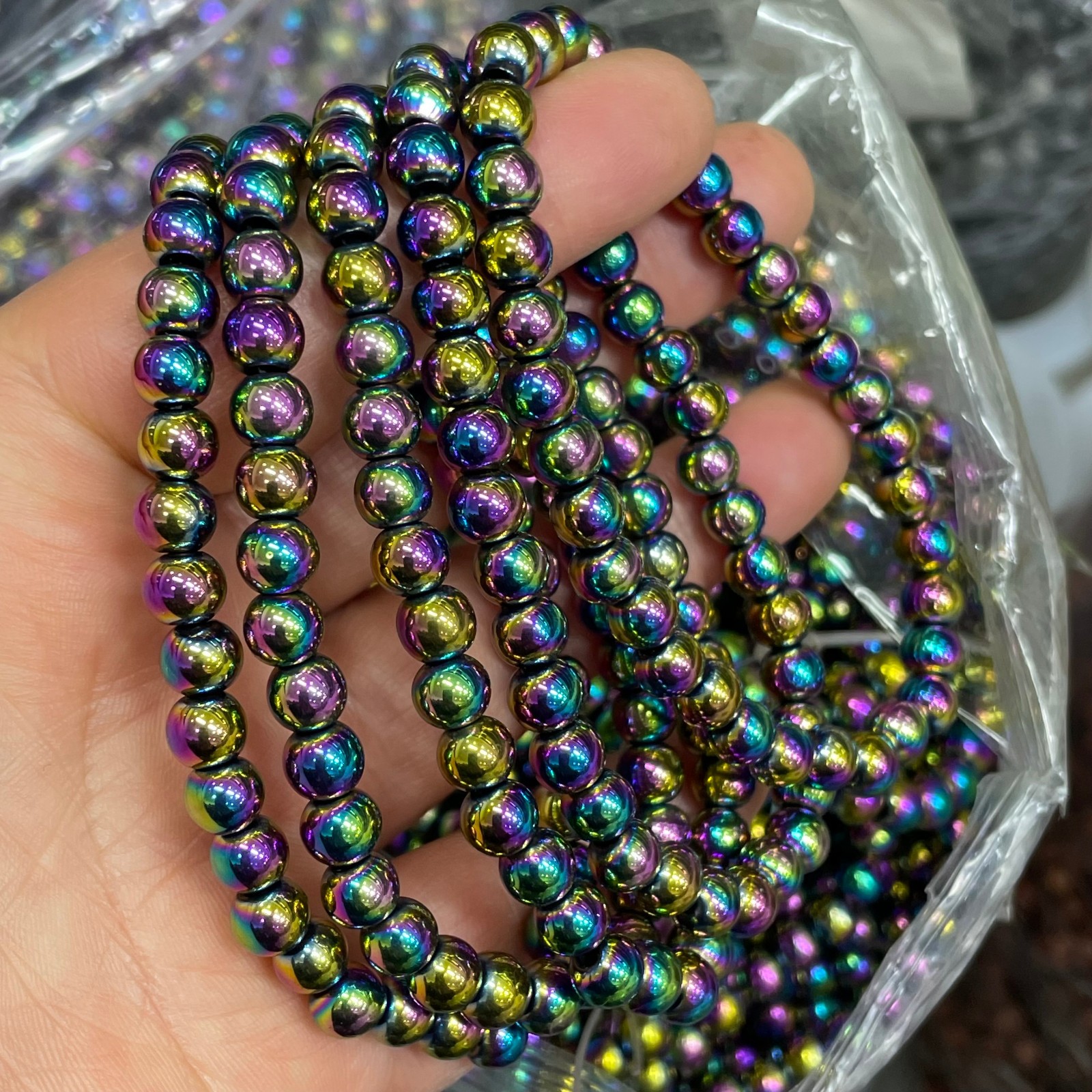 6mm 10pcs Wholesale Rainbow Hematite Beaded Stretch Bracelet