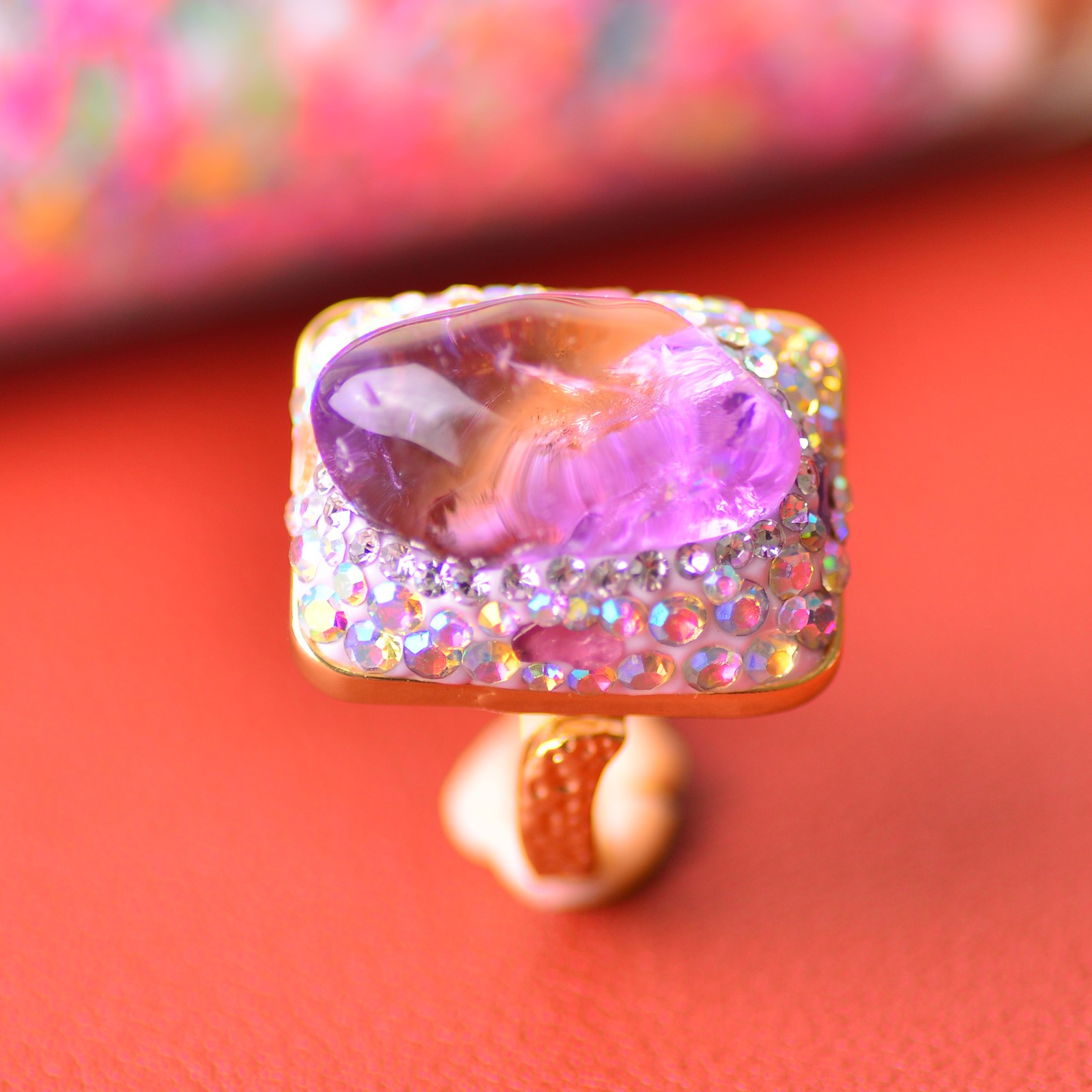 Amethyst and citrine ring, alloy inlaid with handmade gemstone Energy Crystal