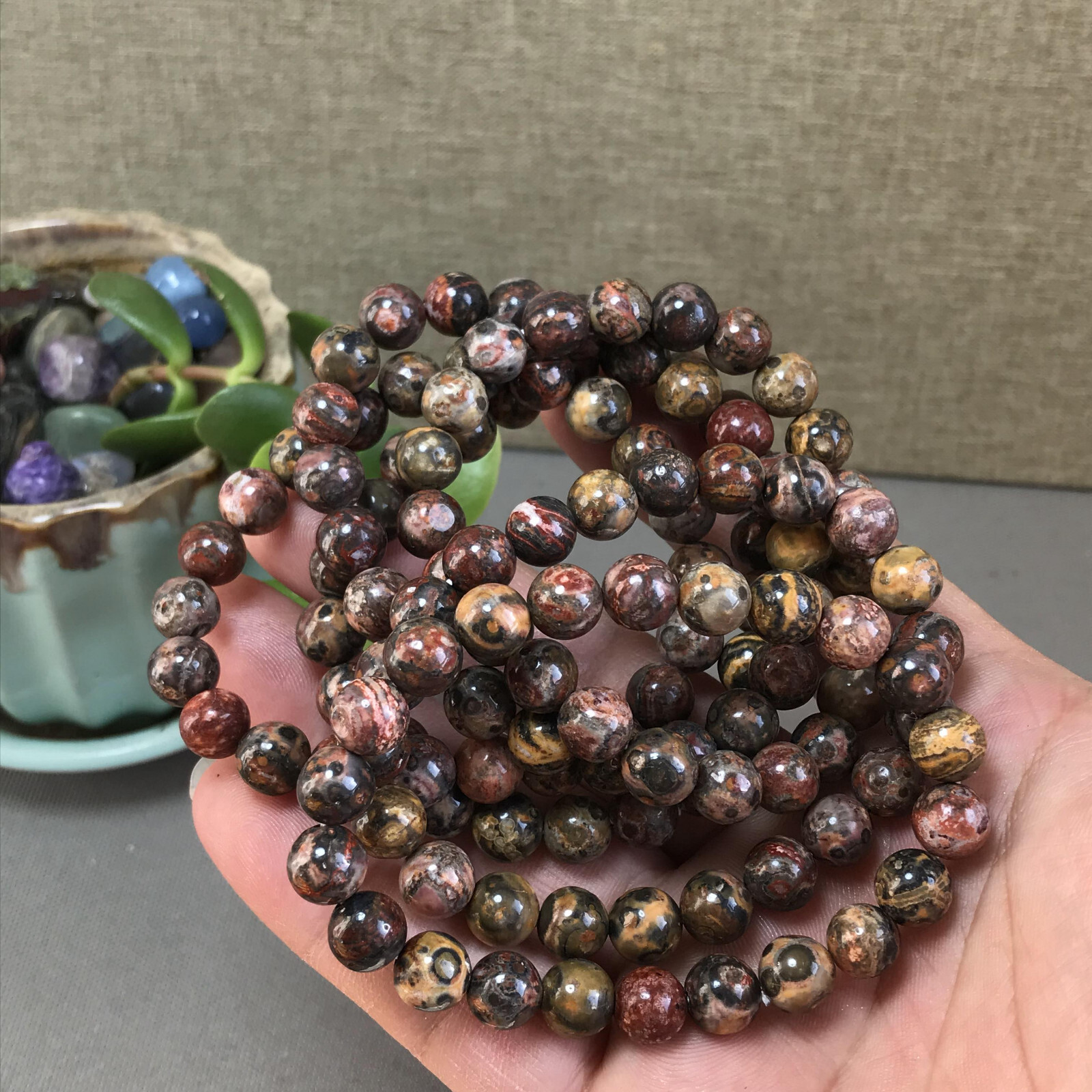 5Pcs Wholesal Natural Polish Leopard stone bracelets Crystal ball sphere 8mm