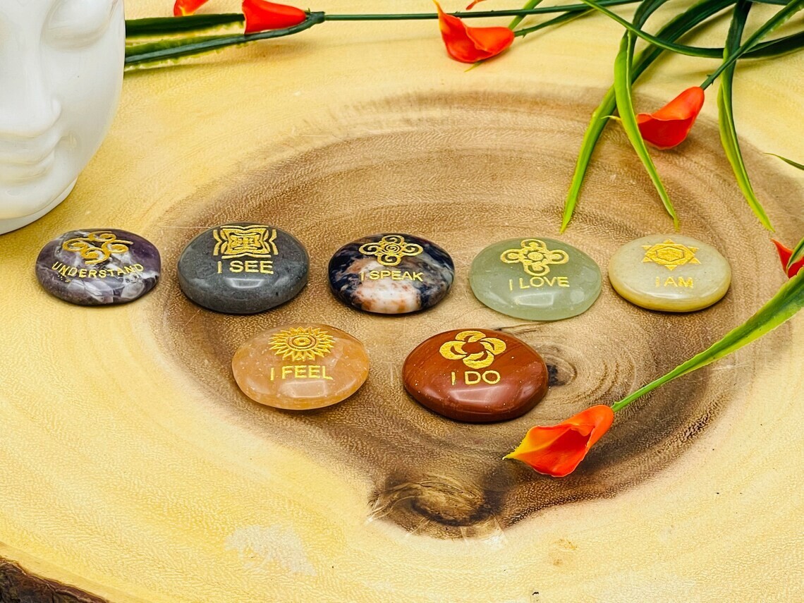 7 Chakra Round Palm Smooth Stone Set Engraved Affirmation Symbols, Velvet Pouch