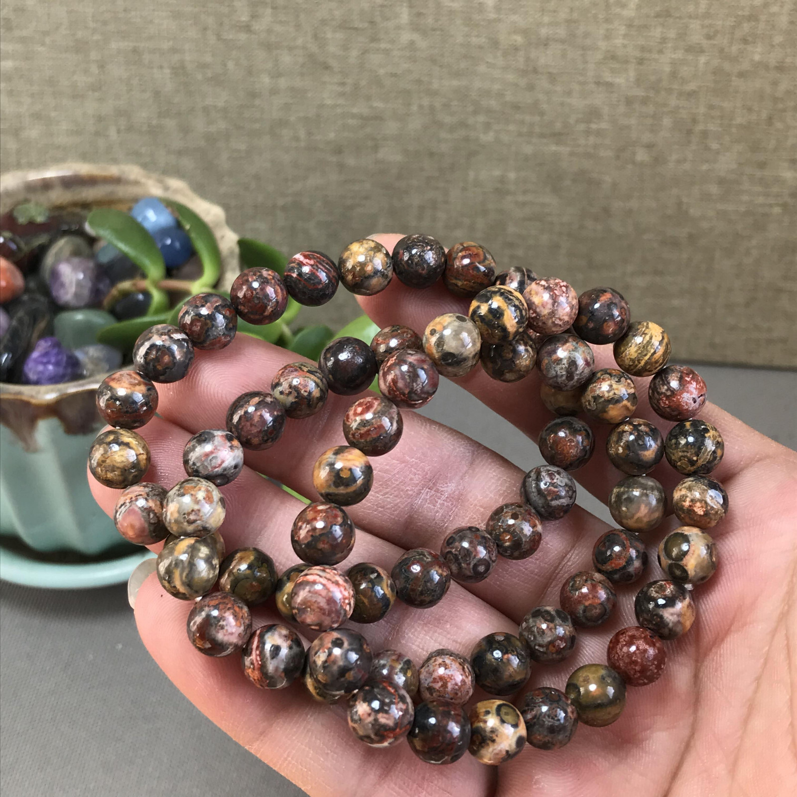 5Pcs Wholesal Natural Polish Leopard stone bracelets Crystal ball sphere 8mm