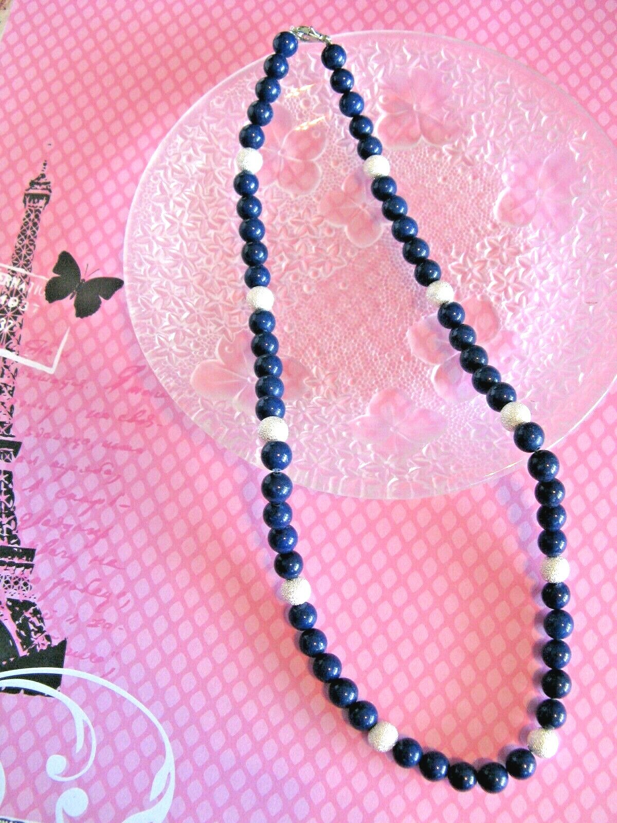 New Natural Blue Lapis Lazuli Beaded Stone Necklace w/Sterling Silver .925 – 20″