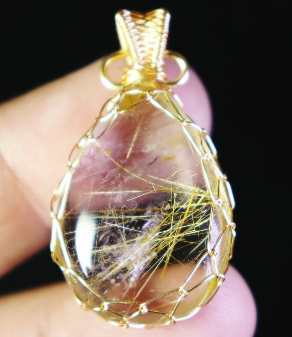 Natural Clear Golden Sun Rutilated Titanium Quartz Crystal Stone Pendant Healing