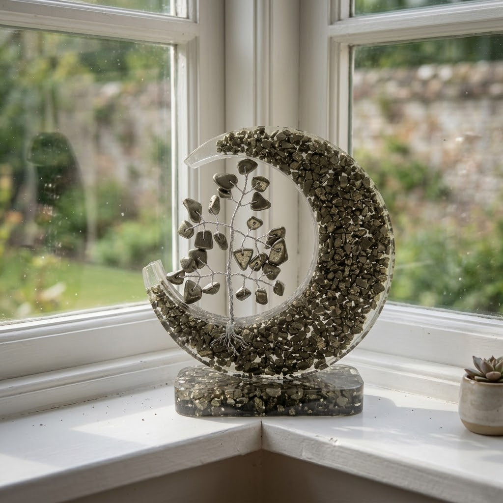 Handcrafted Pyrite Crystal Tree, Wealth and Abundance Decor, Crescent Moon Gems