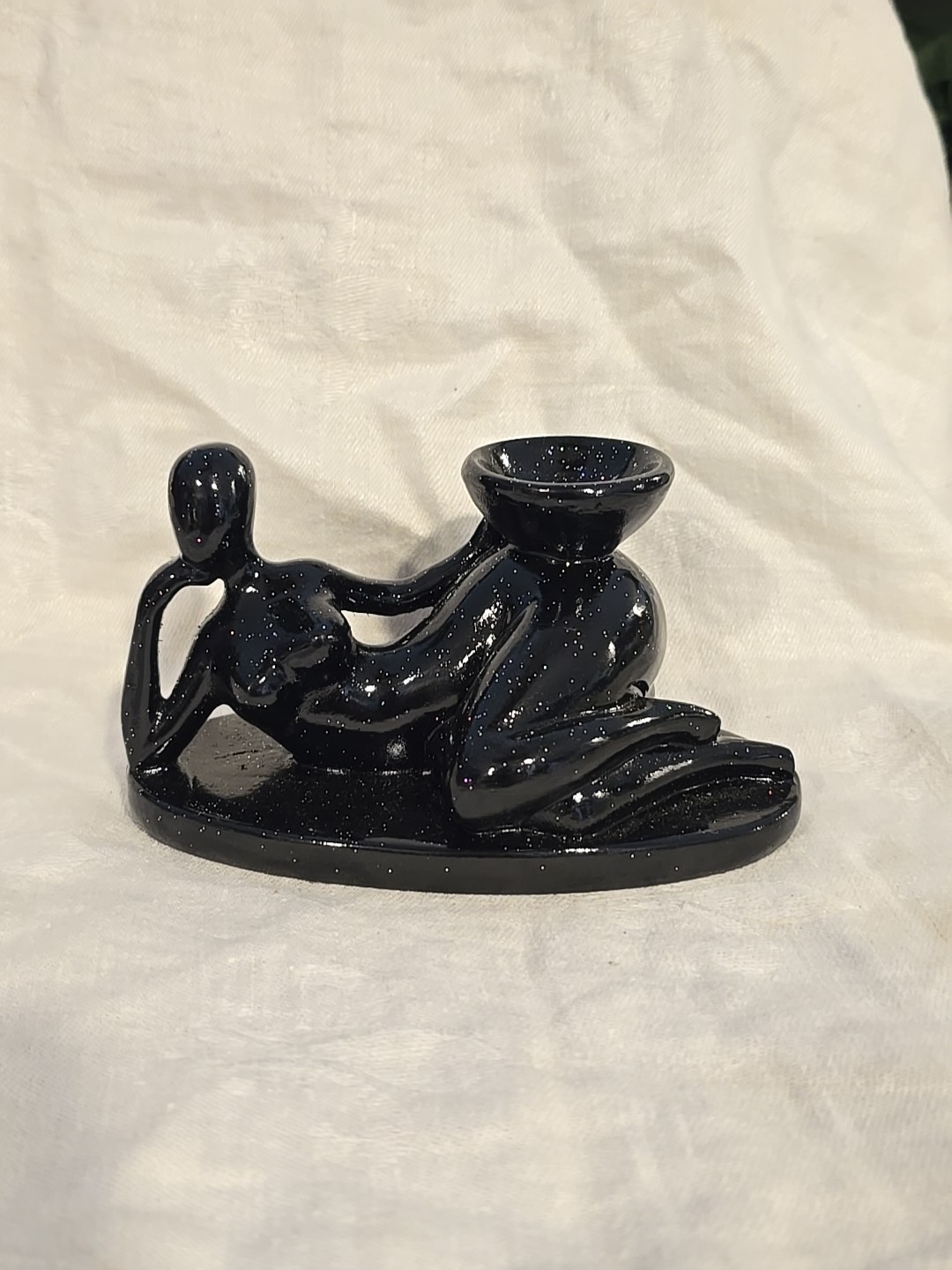 Art Deco Female Fluid Form Crystal Ball Sphere Holder Black Sparkle Carved Resin