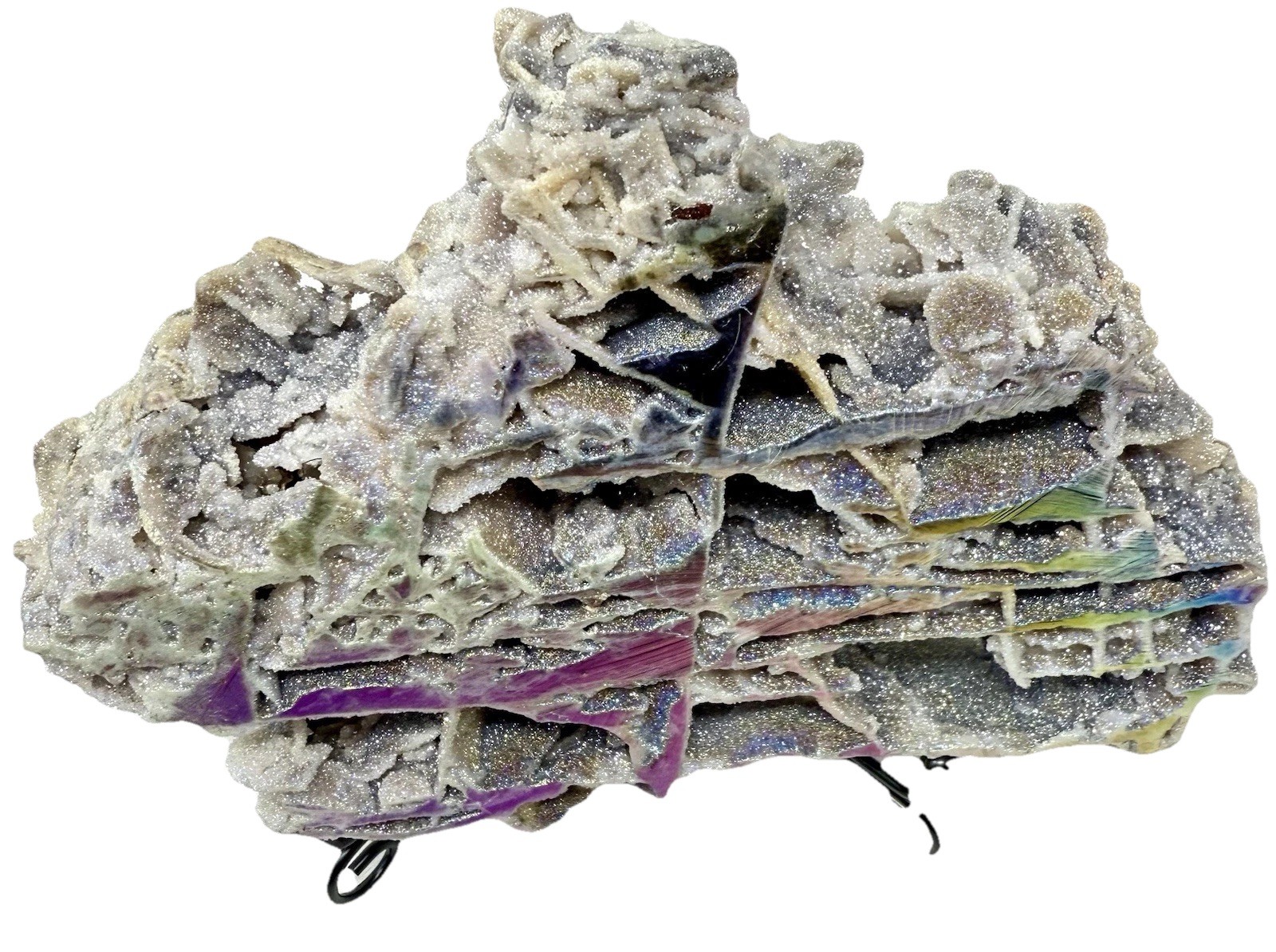 7” Angel Aura Sphalerite Quartz Slab Iridescent Sparkling Druzies With Stand