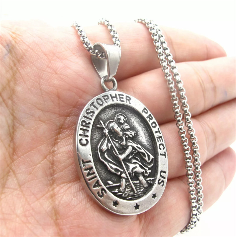 Mens St Saint Christopher Medal Pendant Necklace Stainless Steel Amulet 1PC