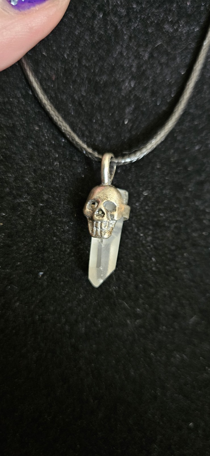 Sterling Silver Skull On A Natural Quartz Crystal With Cord