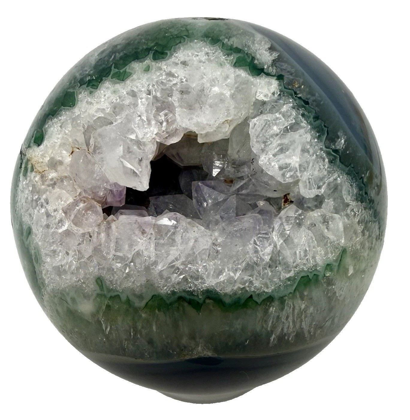 Unique Crystal Sphere Agate W/Green Band Around A Quartz Amethyst Cluster Druzy