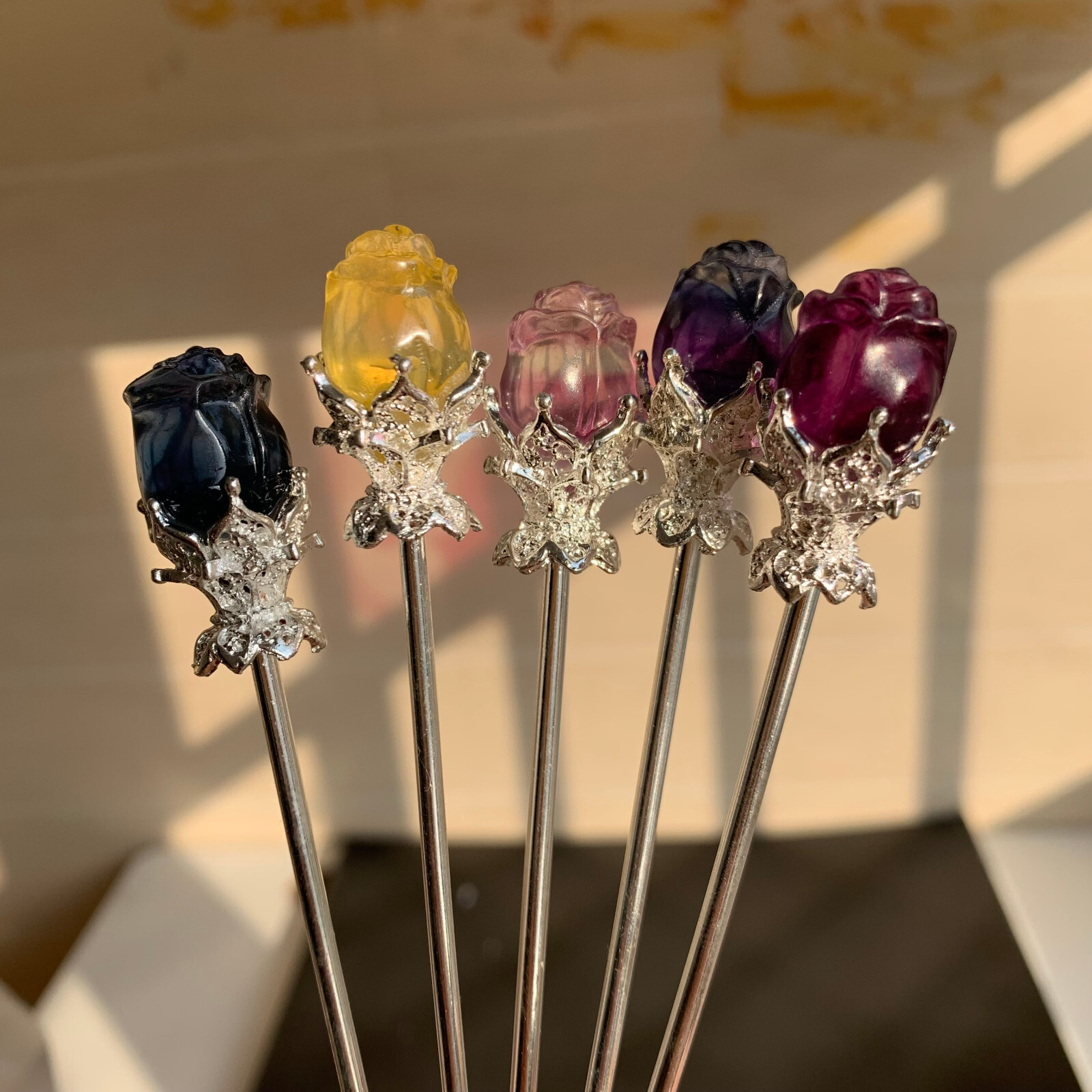 5pc Natural fluorite carved rose hairpin quartz crystal reiki healing random