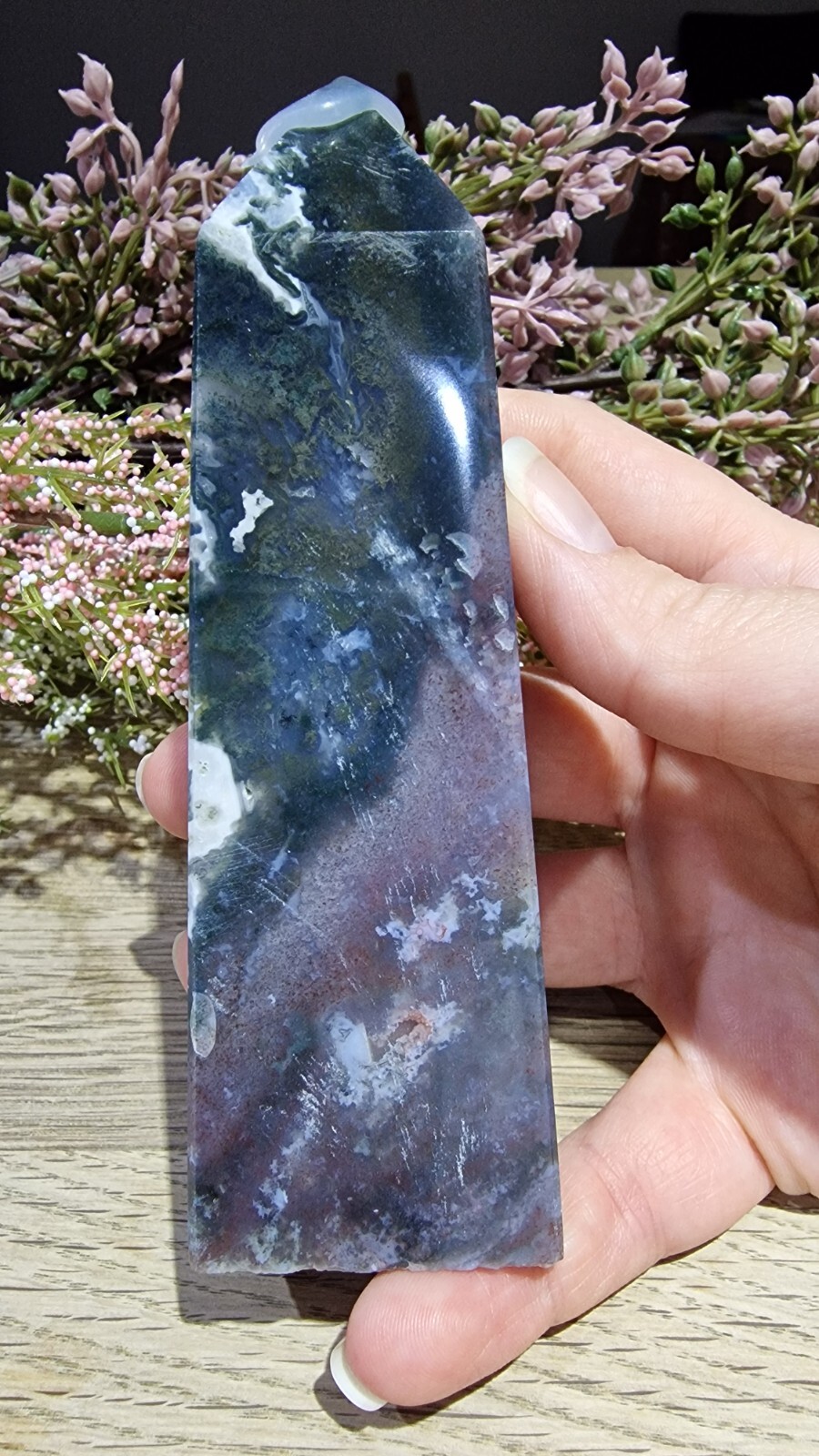 Moss Agate Crystal Tower Point w Druzy Pockets 321g 13cm