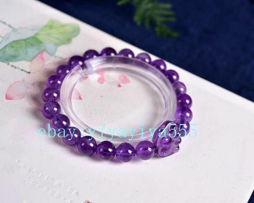 Natural Purple Amethyst Quartz Crystal Beads Bracelet With Carved Cat Paw Claw