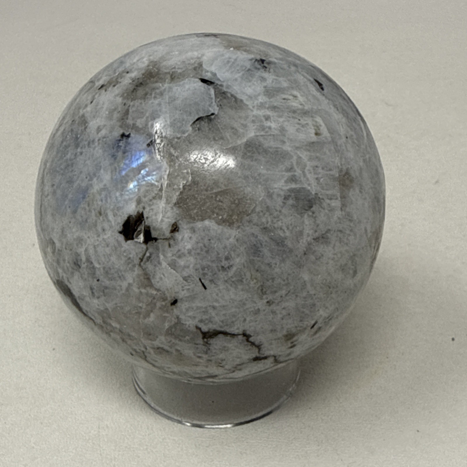 274g Natural Rainbow Moonstone Crystal Sphere Ball 50mm Polished w/ Stand NOS 2”