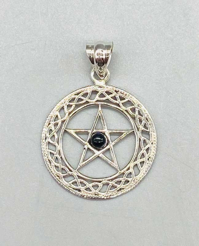 Black Obsidian Pentagram Celtic Knots 925 Sterling Silver 1-1/4″ Pendant Amulet
