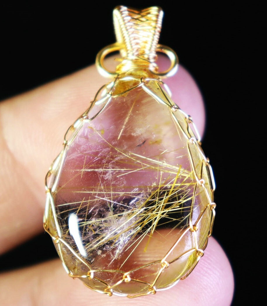 Natural Clear Golden Sun Rutilated Titanium Quartz Crystal Stone Pendant Healing