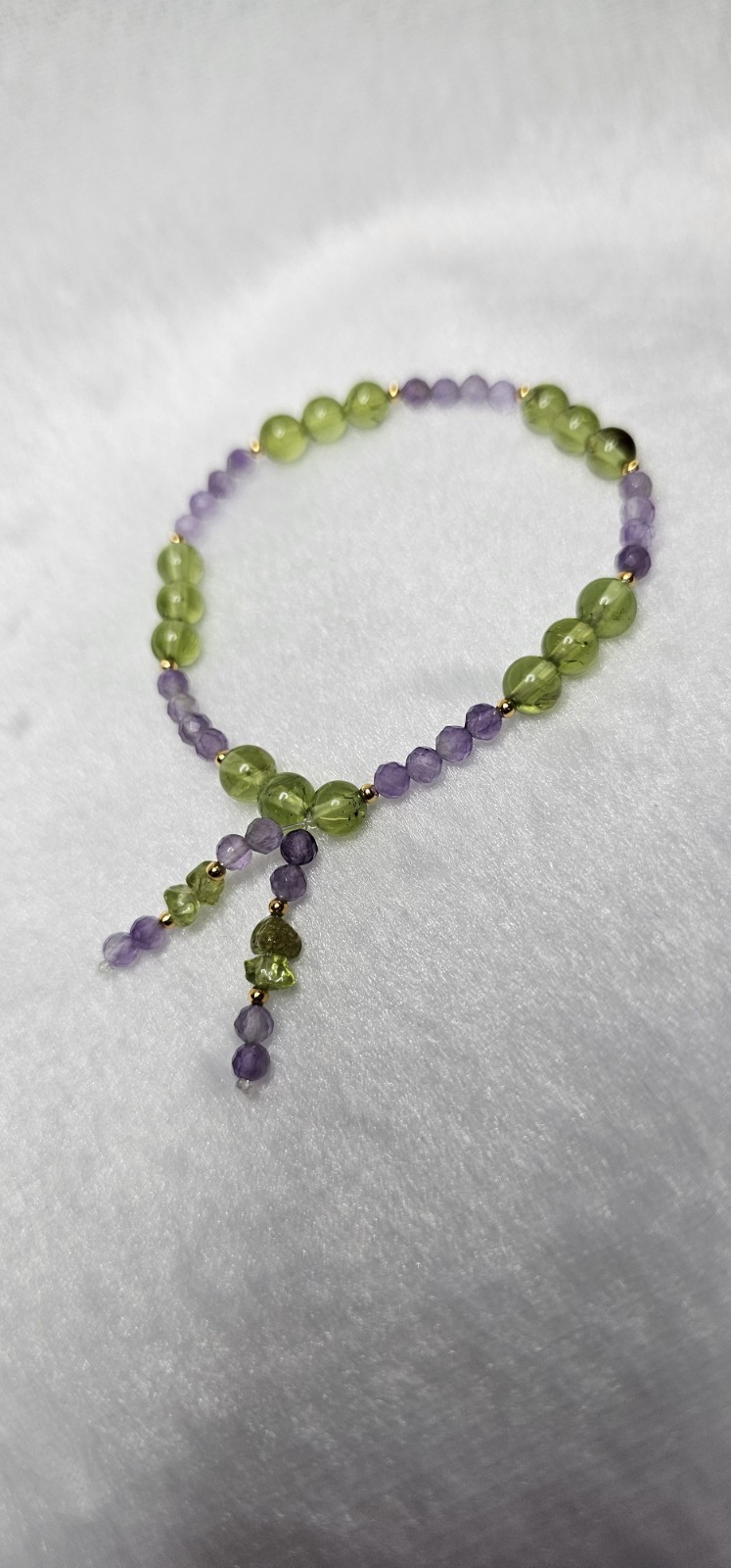 Peridot Crystal Bracelet 7mm Beads with Amethyst S925 Spacers 7 Inches Length
